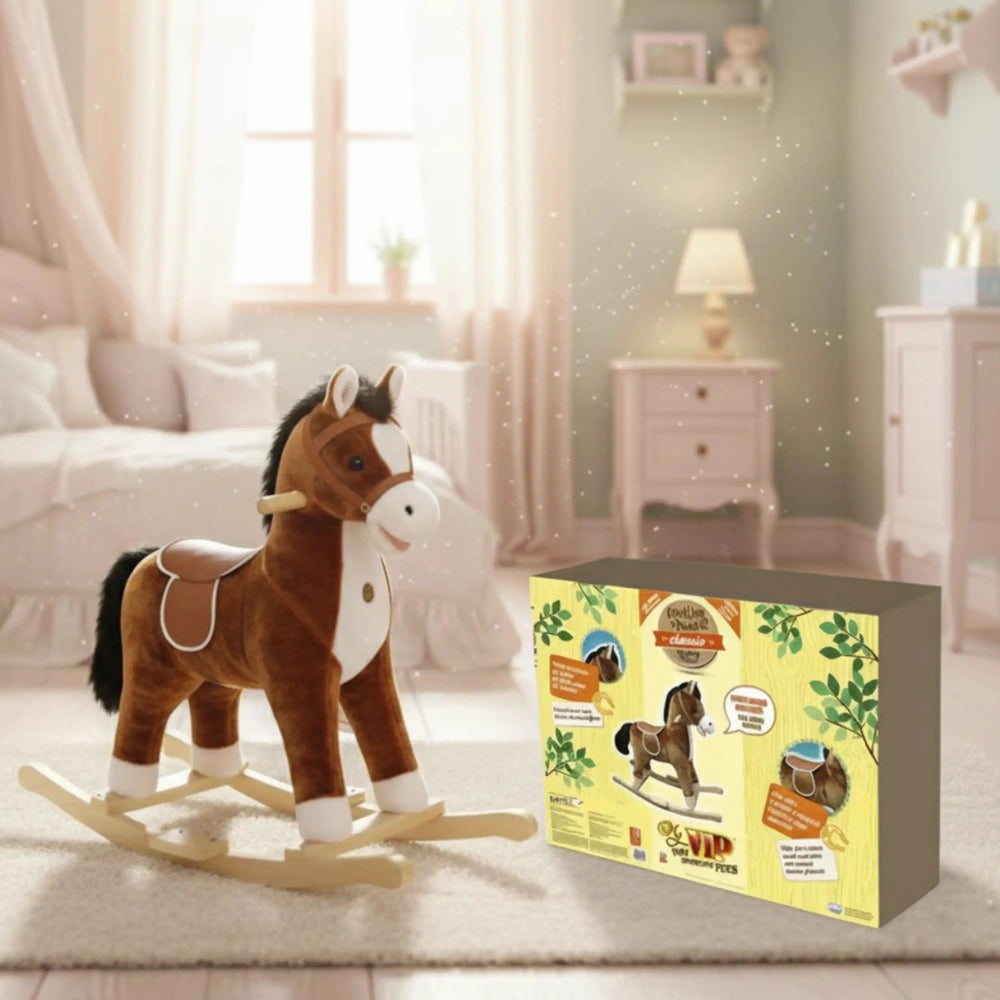 My Vip Rocking Horse with Sounds, 65 cm, brown and white plush toy in yellow cardboard packaging with printed graphics.