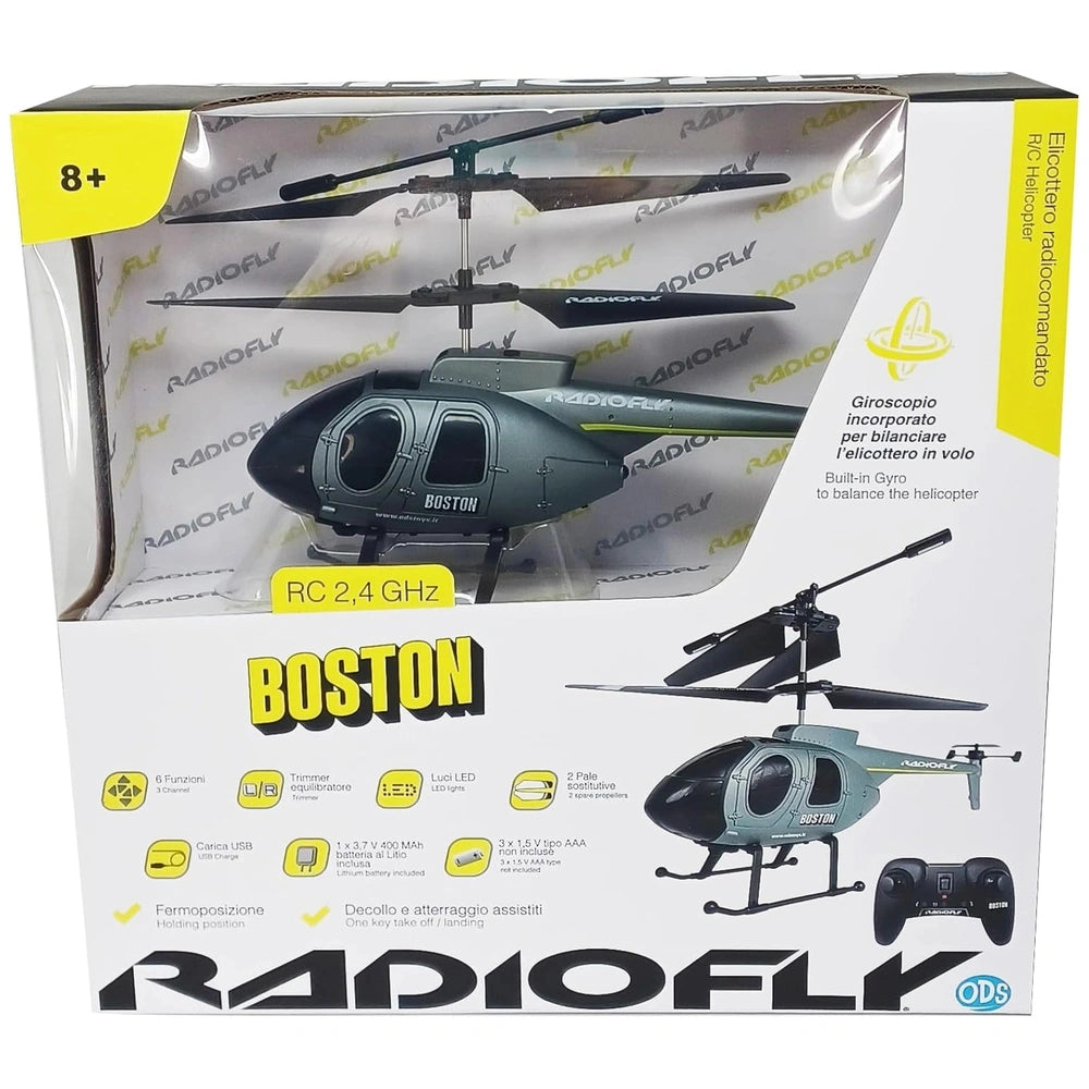 Radiofly RC Helicopter Boston in gray with black components, displayed in retail packaging with a white background.