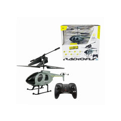 Black and gray ODS Radiofly RC Helicopter Boston with remote control, featuring glossy cardboard packaging and age rating 8+.