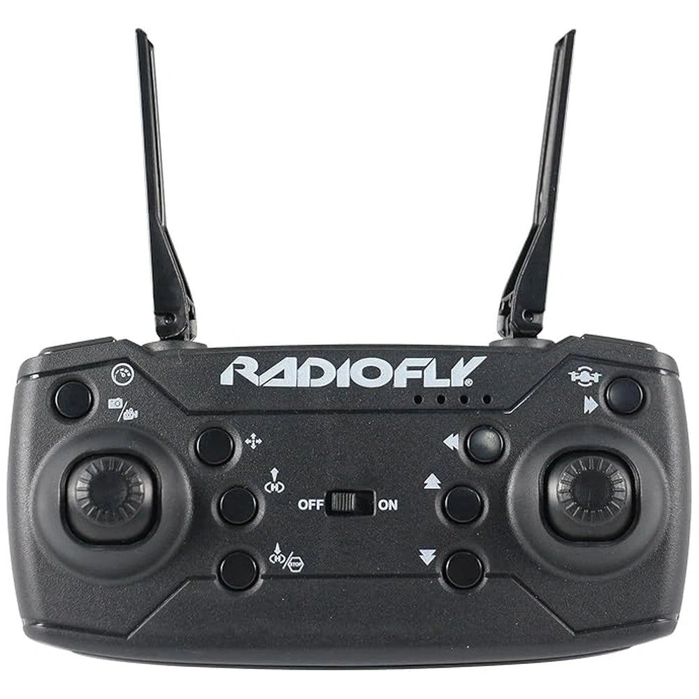 Radiofly Space Predator 38 drone remote control in black with 12 buttons, featuring brand name and directional layout.