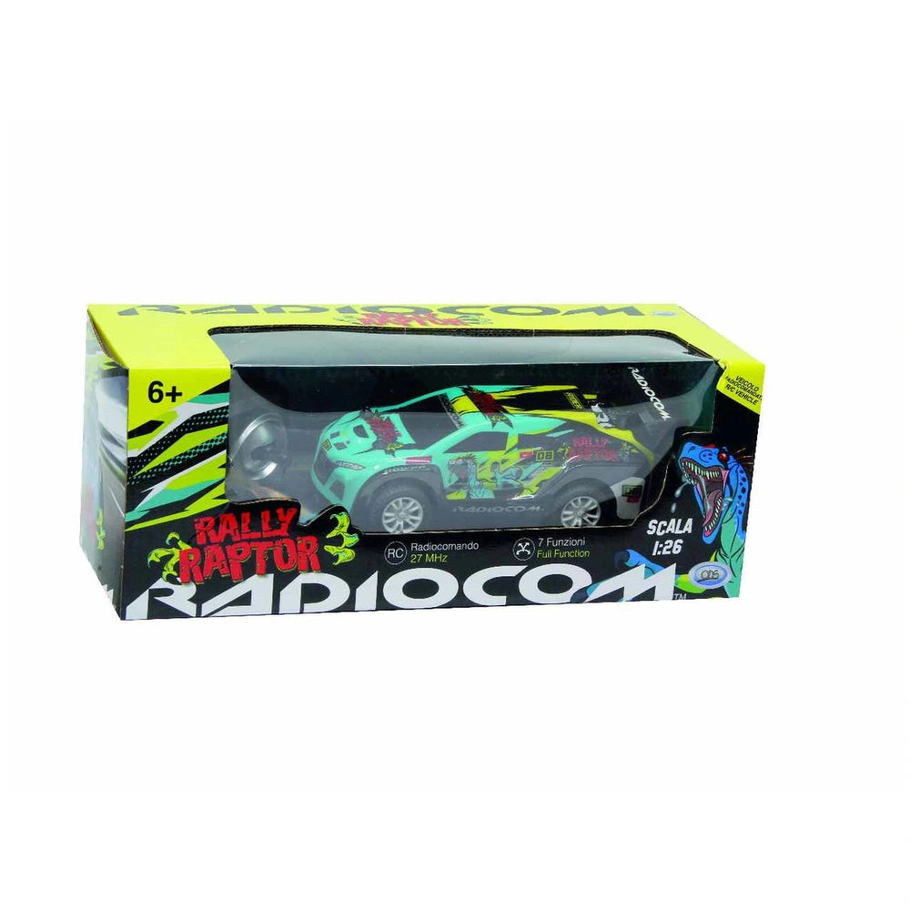 ODS RC Radiocom Rally Raptor 1:26 toy car in green and white, displayed in yellow cardboard packaging with a glossy plastic w