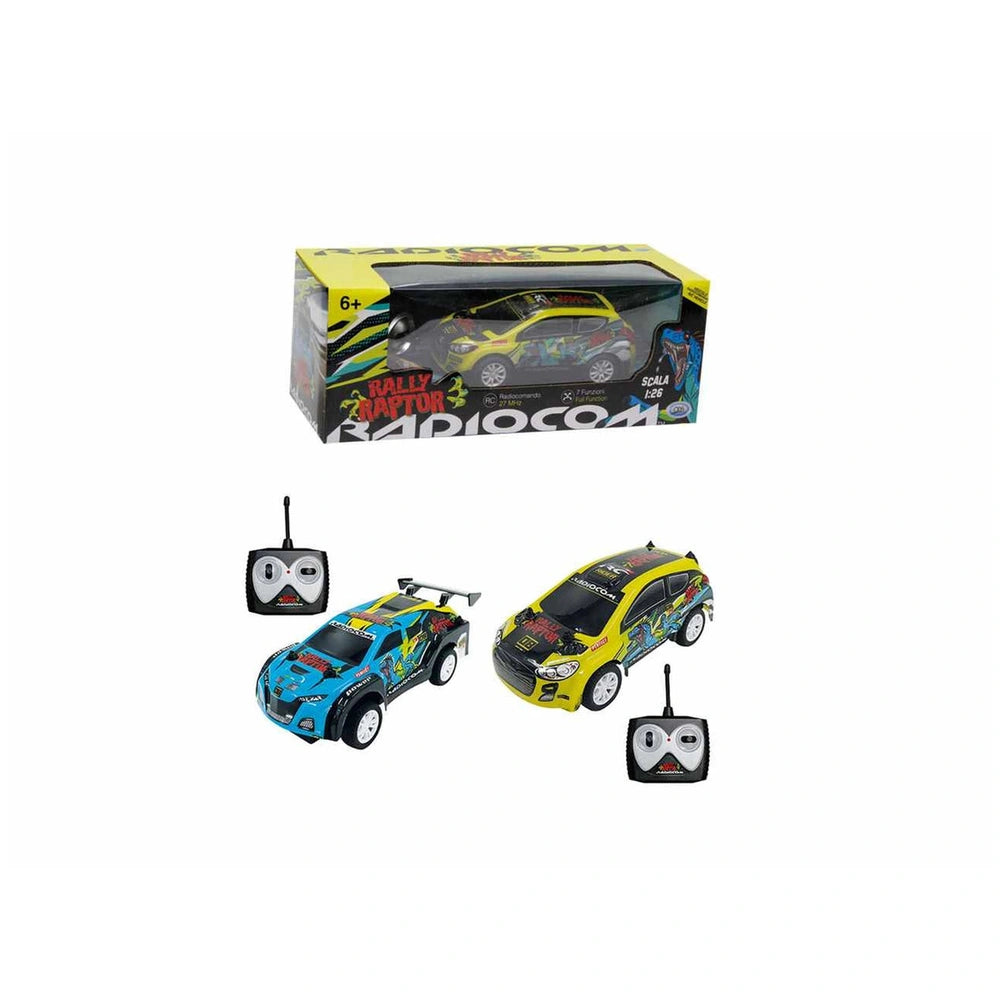 ODS - RC Radiocom Rally Raptor 1:26 toy car in yellow and blue, with remote control, on glossy yellow packaging displaying "R