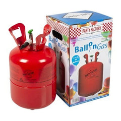 Party Factory Helium Tank in red plastic container with white and blue box, designed for inflating 30 balloons.