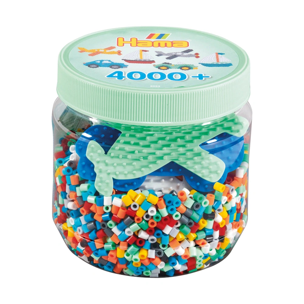 Pat Hama 4000 Beads and Pegboards in a transparent tub with a green lid featuring colorful graphics and the number "4000."