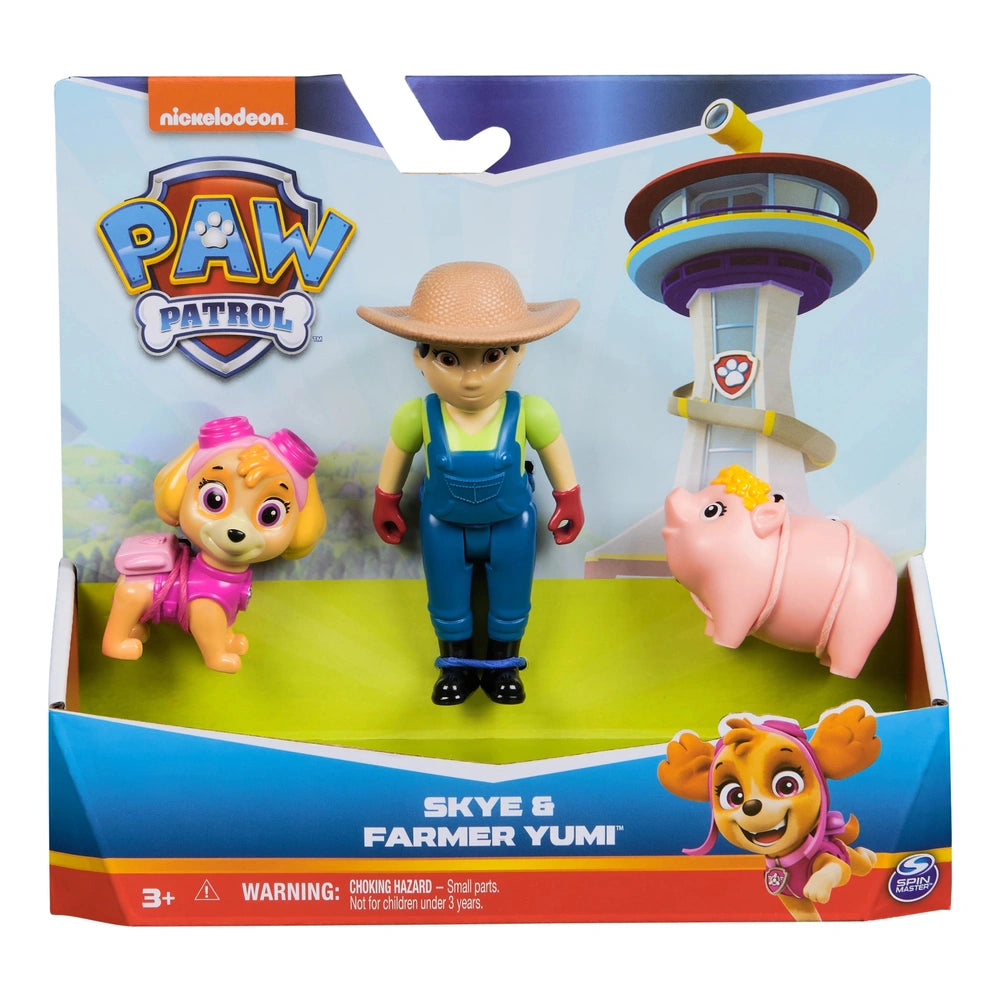 Paw Patrol Action Pups Heroes Pack features a blue cardboard package with a pig, dog, and cat, plus warning text.
