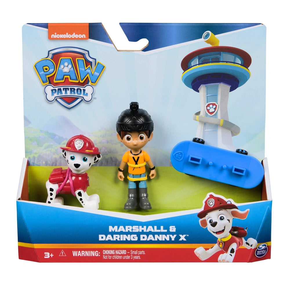 Paw Patrol Action Pups Heroes Pack features a glossy blue packaging with a clear window, displaying Marshall, a fire hydrant,