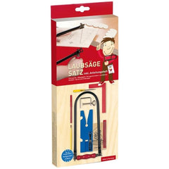 Pebaro Fretwork Kit packaging with fretsaw frame, blades, and tools on a wooden background.