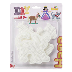 Pet Hama Iron-on Bead Plates featuring a brown horse, gray cat, and white dog on matte cardboard packaging with a transparent