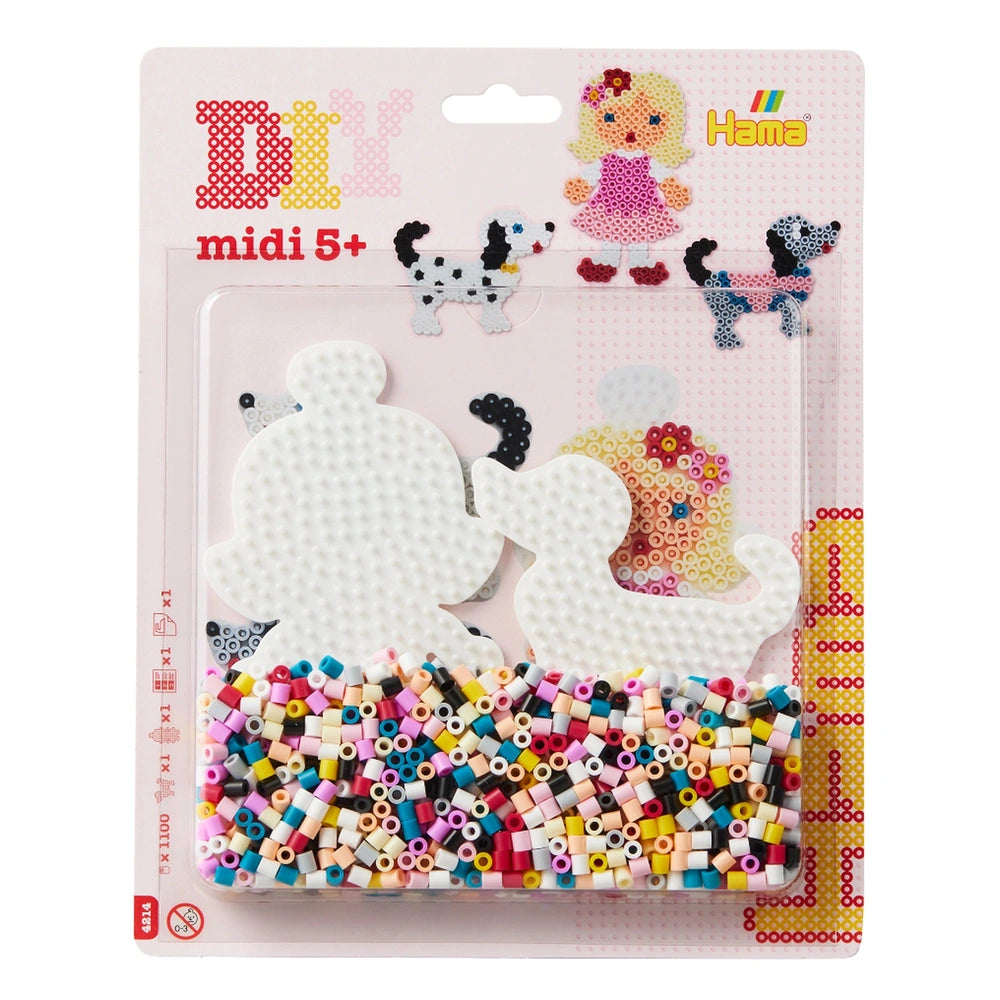 Pet Hama Iron-on Bead Set in retail packaging with colorful beads, a white base, and a dog graphic on a pink background.