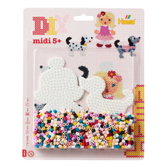 Pet Hama Iron-on Bead Set in retail packaging with colorful beads, a white base, and a dog graphic on a pink background.