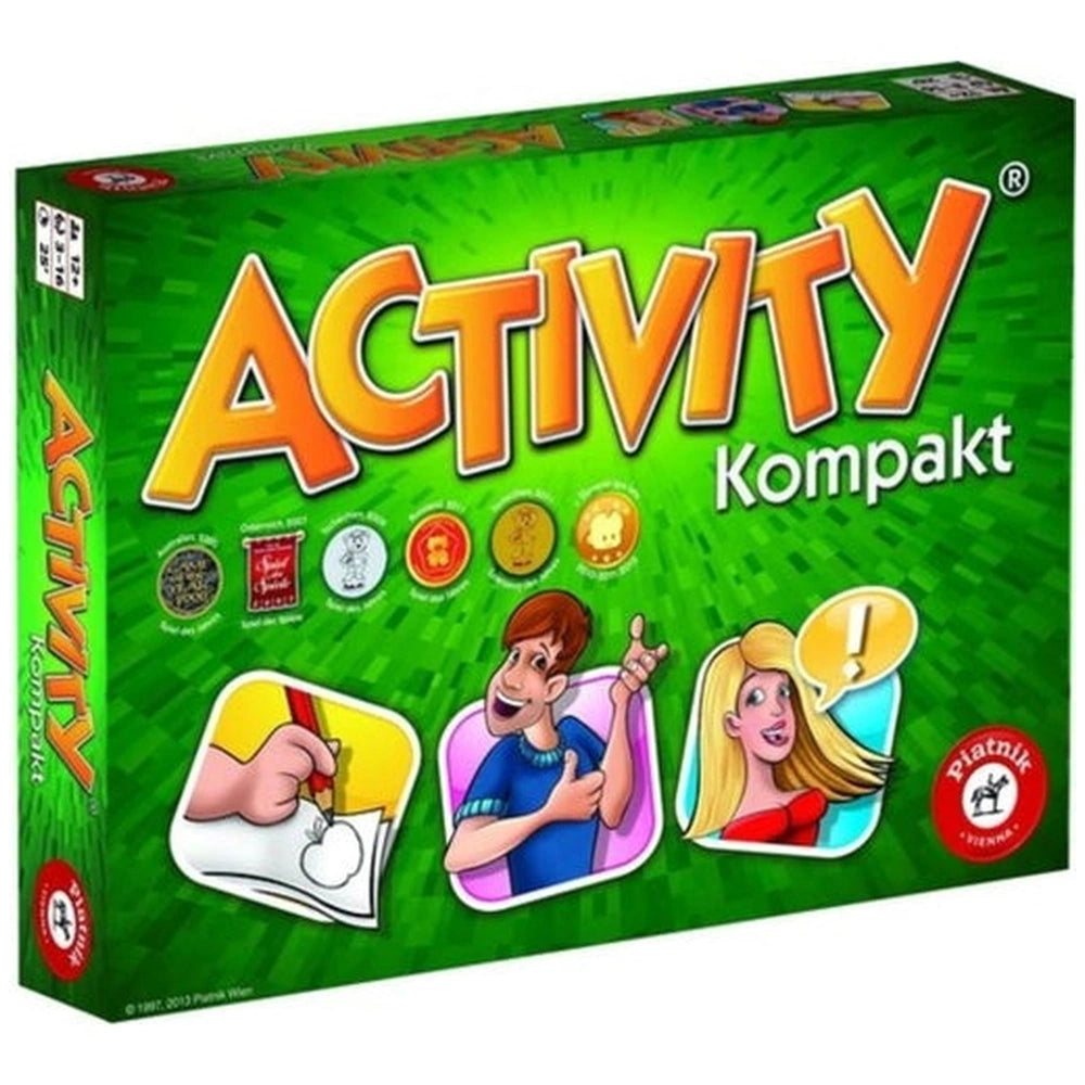 PIATNIK Activity Compact board game packaging features bold orange, yellow, and red text, with playful child illustrations an