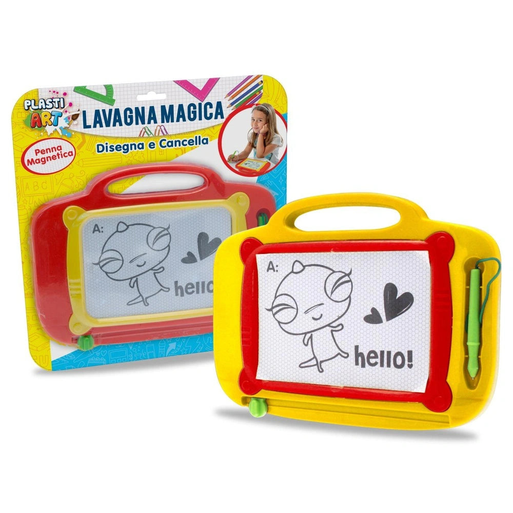Magnetic drawing board for children featuring a red border, yellow body, and a green-gripped stylus on a white grid surface.