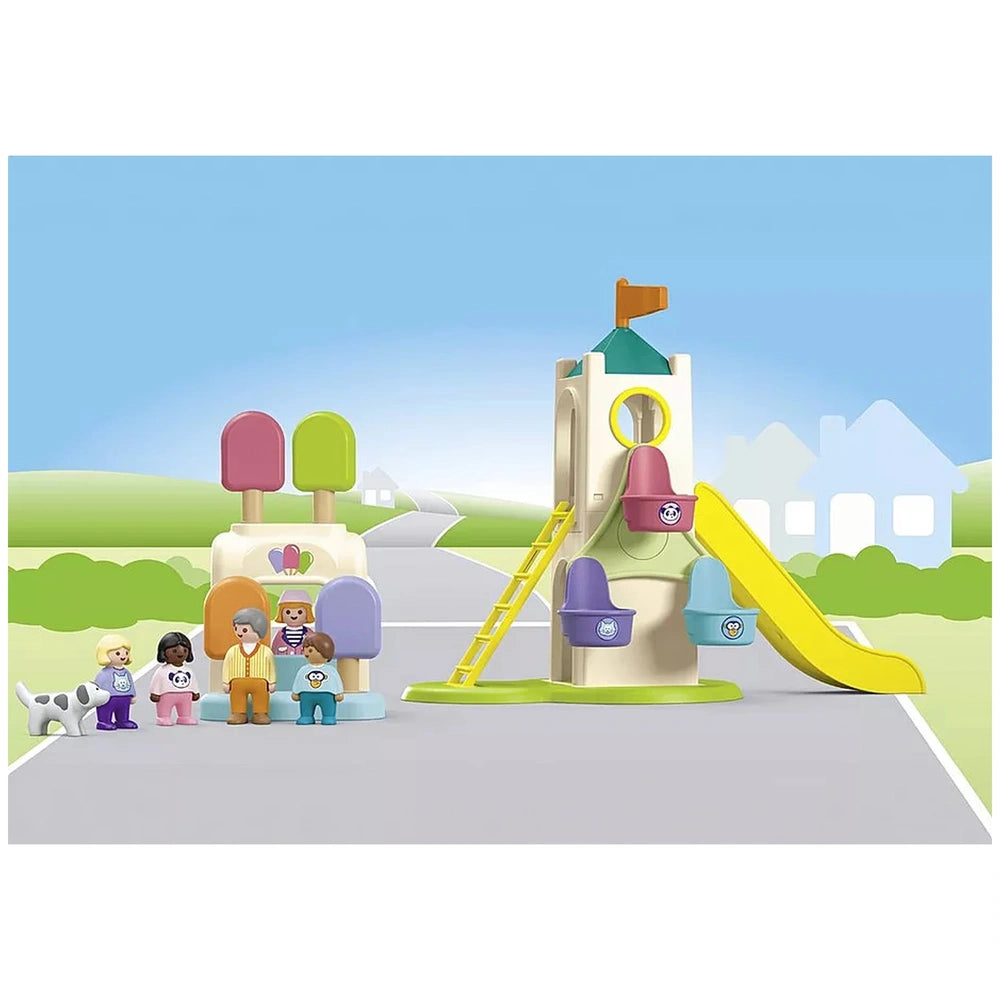 Playmobil Adventure Tower features yellow and green slides, a pink and white playhouse with multiple colorful doors.
