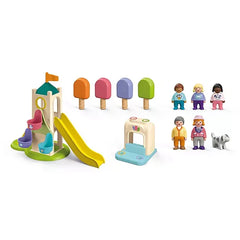Playmobil Adventure Tower with Ice Cream Booth features a wooden play structure, plastic slide, and colorful ice cream cones.