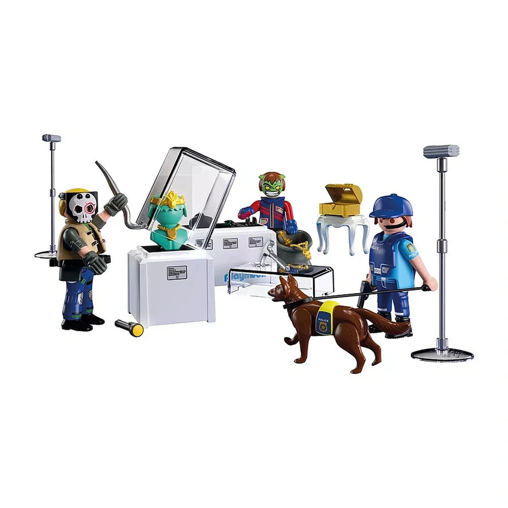 Playmobil Diamond Heist toy playset features five plastic figures in blue, green, and brown outfits on a white surface.