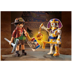 PLAYMOBIL DuoPack features a treasure hunter and mummy figures, both made of durable plastic, showcased in a front view layou
