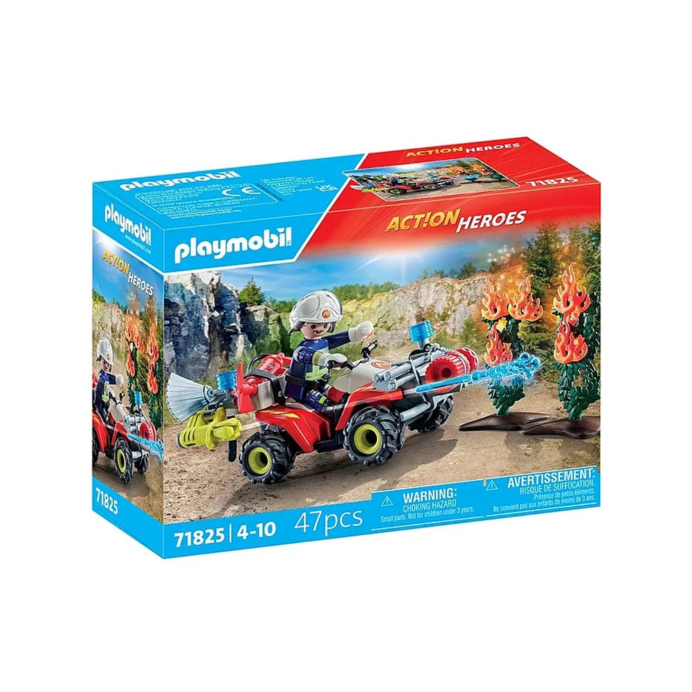 PLAYMOBIL Firefighting-Quad toy playset in blue and red cardboard packaging with clear window, featuring a red and yellow fou
