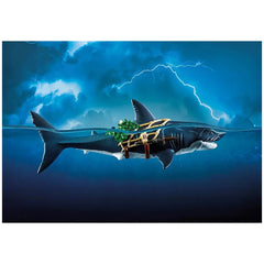 Playmobil Giant Shark with Pirate toy playset features a glossy dark blue shark carrying a brown surfboard and green plant ag