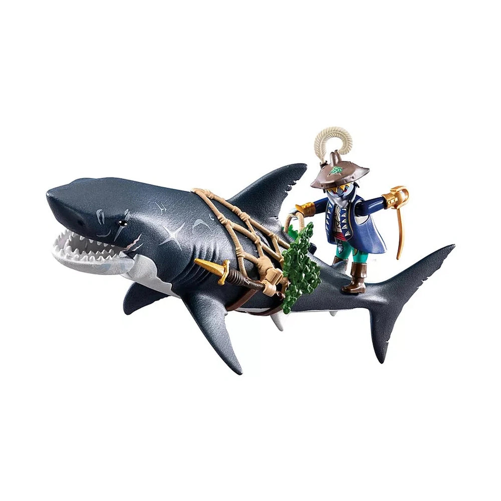 Playmobil Giant Shark with Pirate set includes a toy shark, pirate, sword, rope, and leaves in a centered layout.