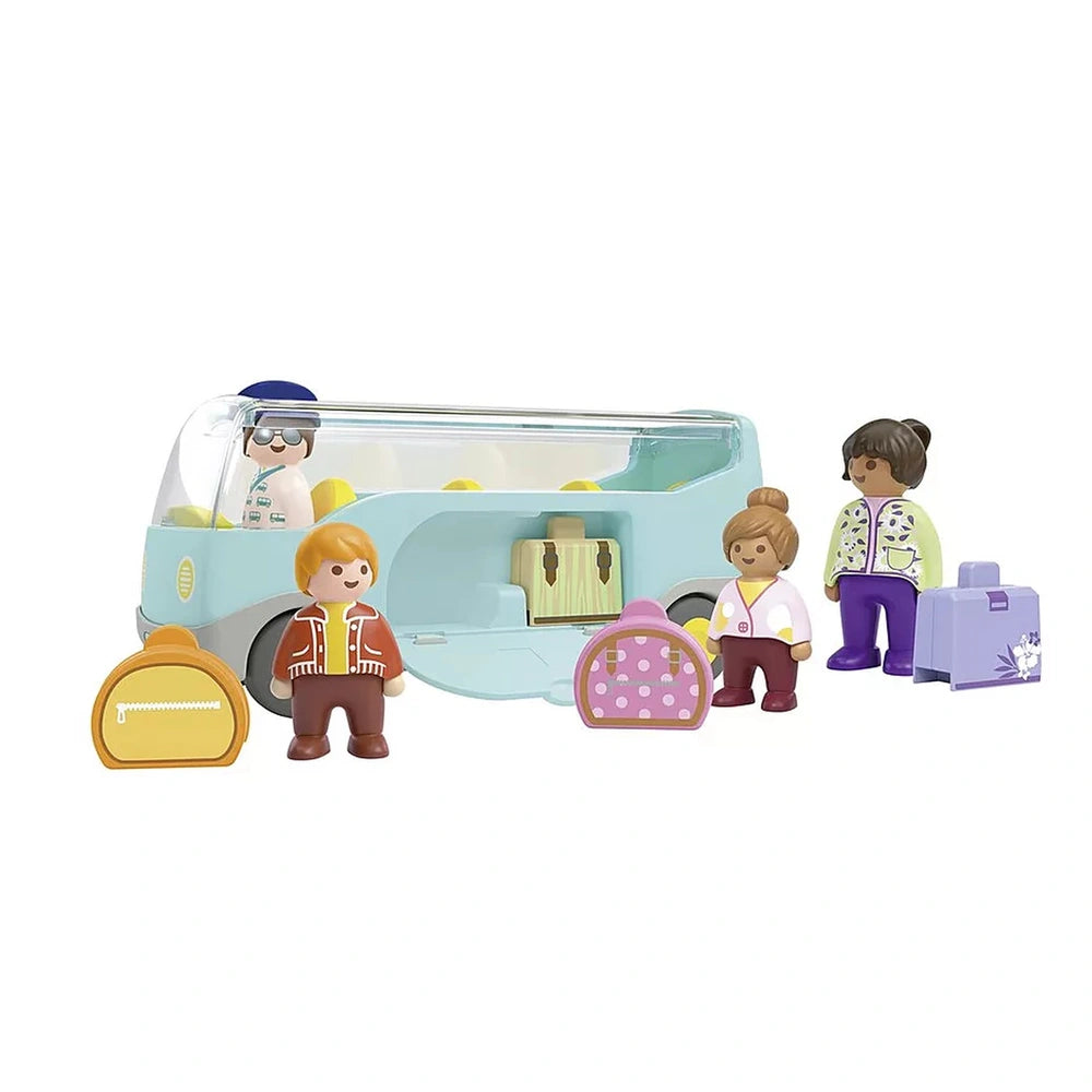 Playmobil Junior Airport Shuttle Bus toy features a plastic body, transparent windows, and luggage with wheels.