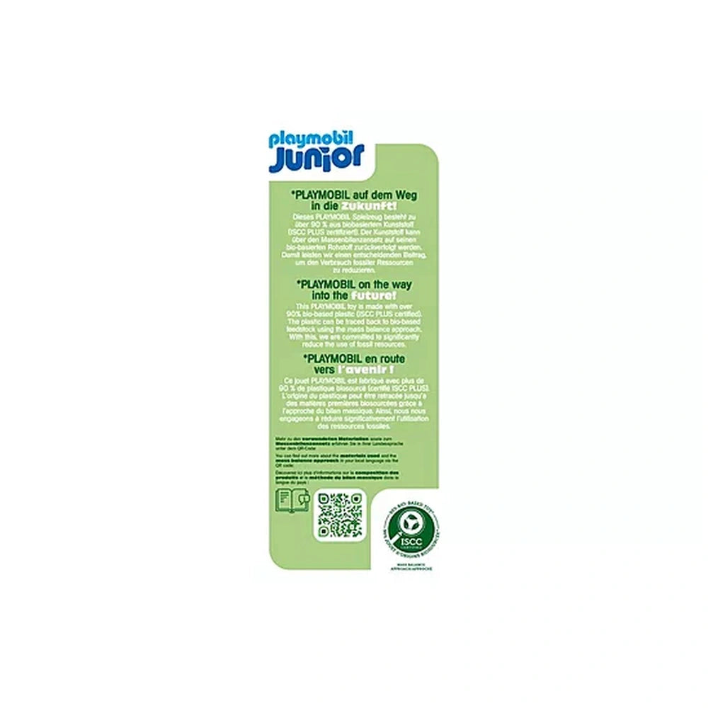 Playmobil Junior Merry-Go-Round toy packaging with green background, prominent white and blue text, and QR code.