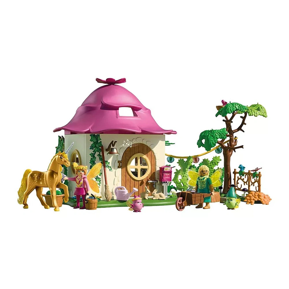 Playmobil Magic Unicorns Cozy Fairy Home features a pink-roofed house, gold unicorn and pony, and pink accessories.