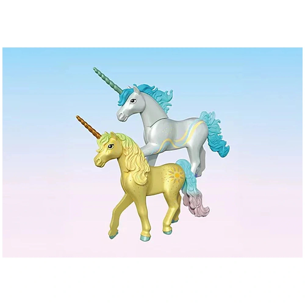 Playmobil Magic Unicorns Sunshine Blossom set features two glossy unicorn figures with yellow and blue manes and tails.