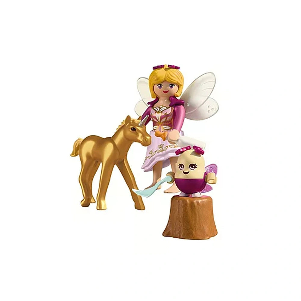 Playmobil Magic Unicorns toy playset featuring a gold horse, pink and purple fairies, white wings, blue tail, and brown base.