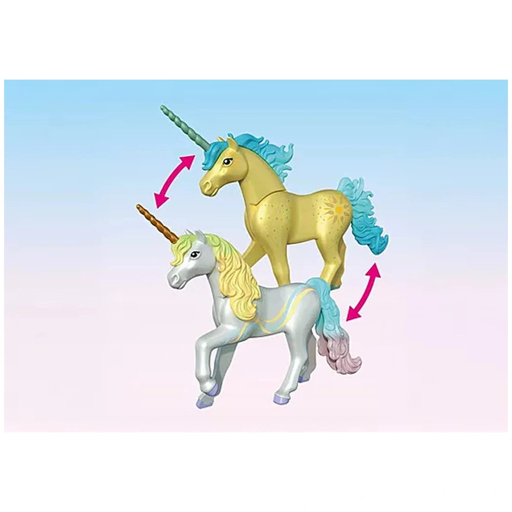 Playmobil Magic Unicorns toy playset featuring a glossy yellow unicorn with a light blue mane against a solid light blue back