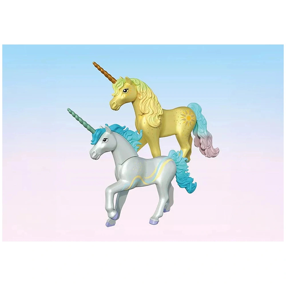 Playmobil Magic Unicorns toy playset features two shiny unicorns with light blue and green manes and tails, showcasing detail
