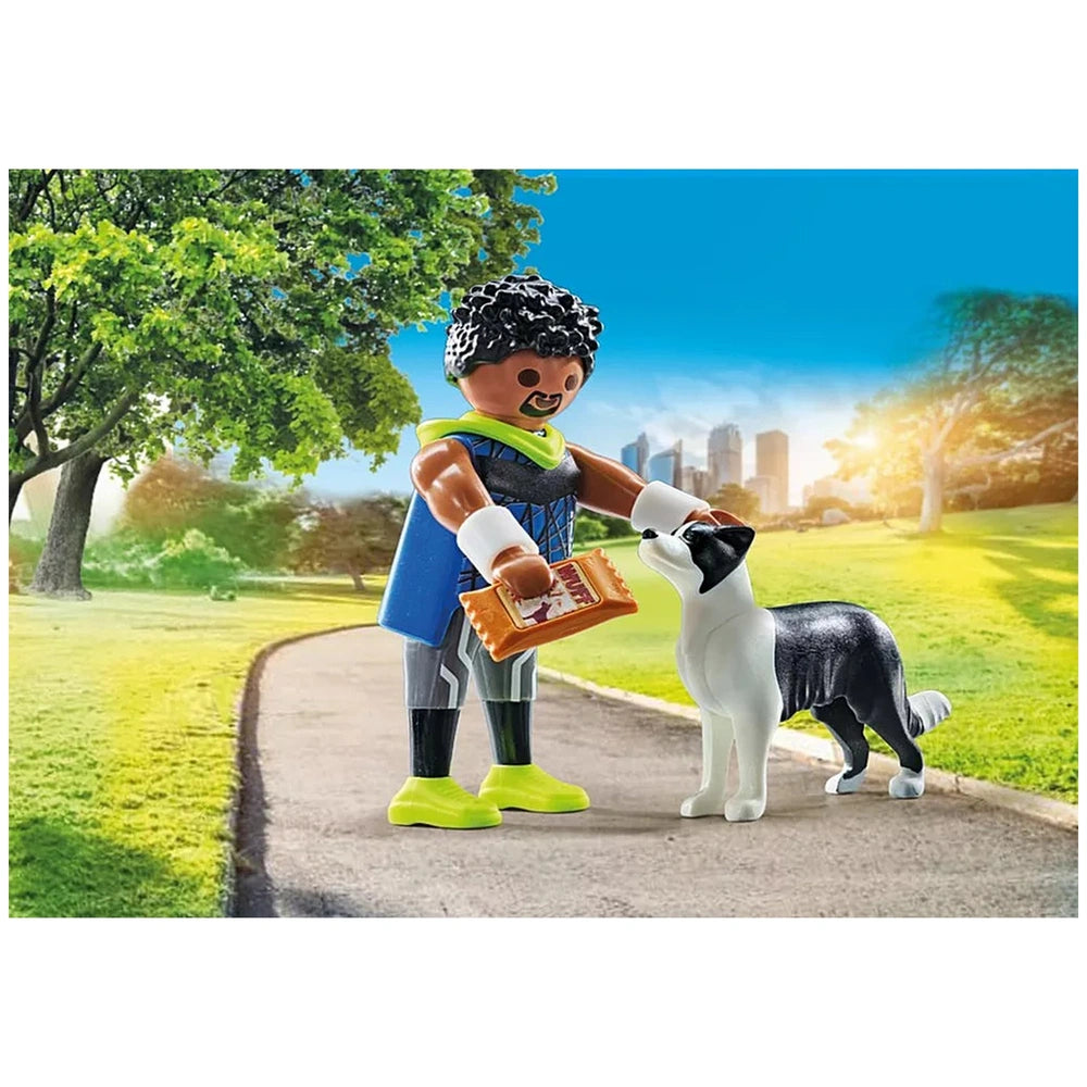 Playmobil MY LIFE Jogger set featuring a person in a blue shirt and a black and white Border Collie on green grass.