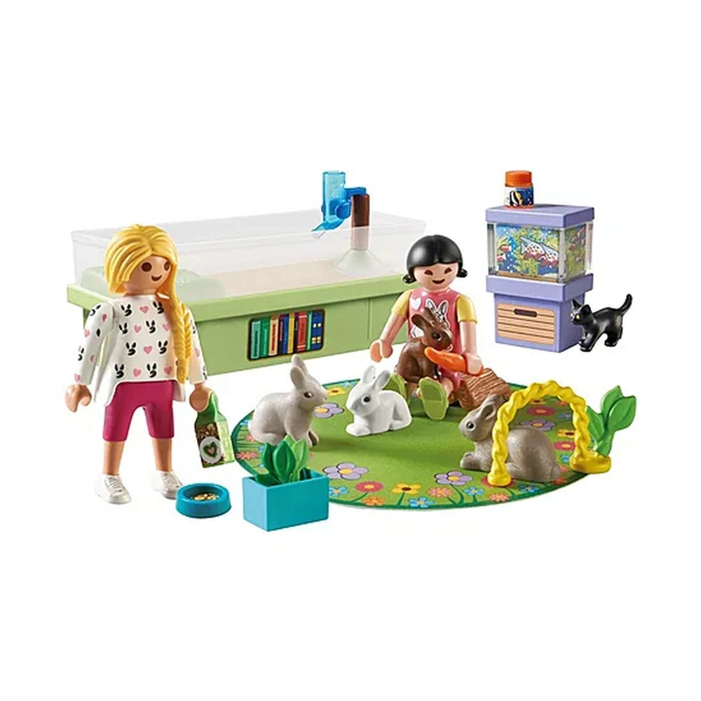 Playmobil Rabbit Family Playset features colorful plastic dolls, a toy house, and various accessories in a vibrant layout.