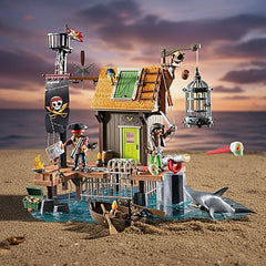 Playmobil Pirate-Harbor playset features a wooden deck, metal boat, cannon, and multiple lanterns in a lively scene.