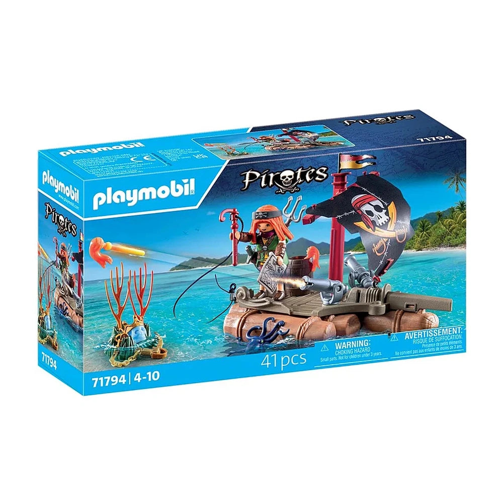 Playmobil Pirate Raft with Treasure toy set features a pirate ship, figure, and coral reefs in glossy blue packaging.