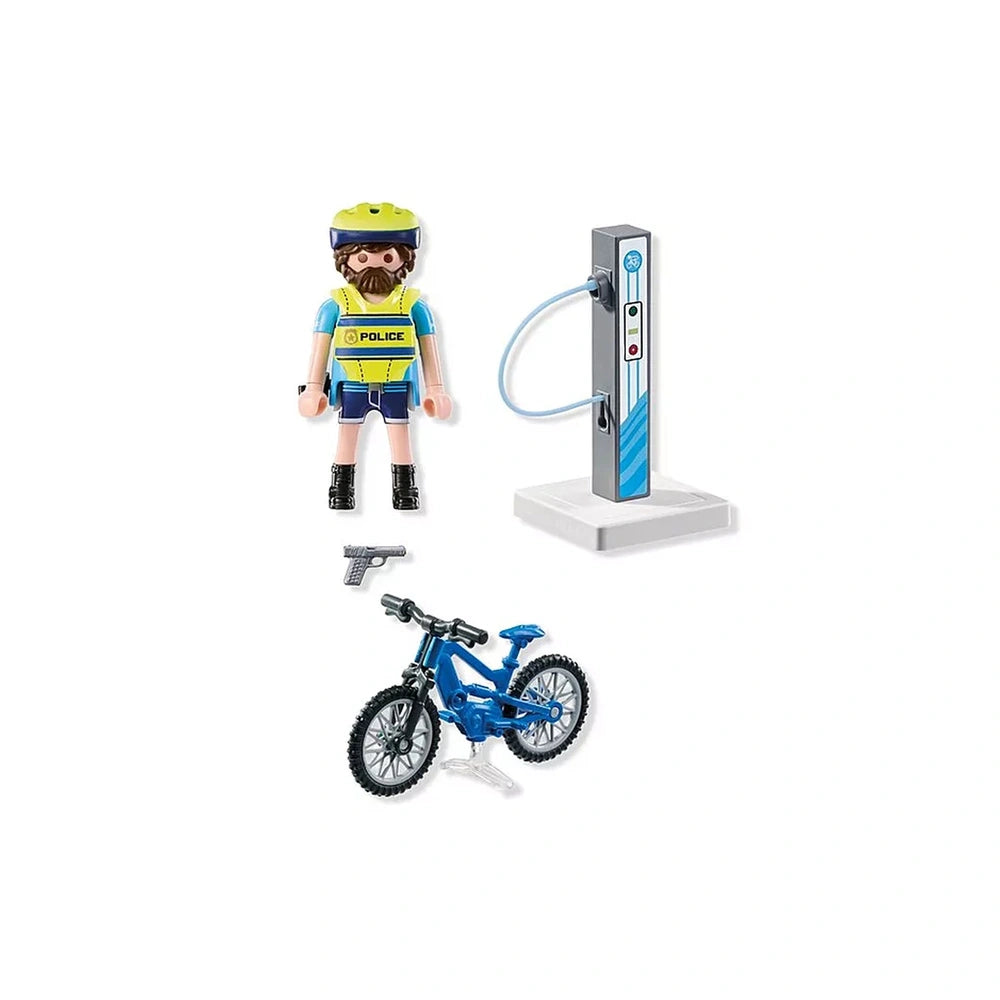 Playmobil Police-Bike-Patrol toy set features a plastic action figure with a yellow helmet, blue shirt, and a blue bicycle.