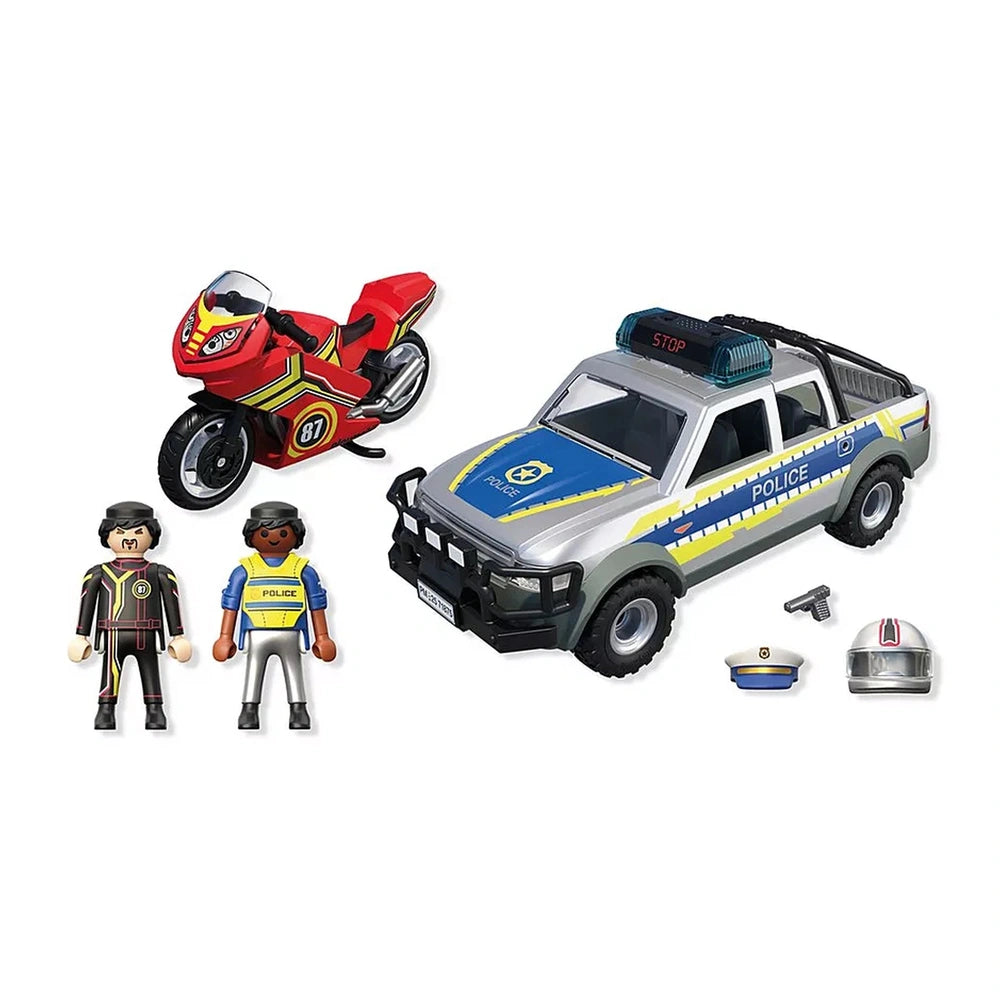 Playmobil Police Chase set features a plastic pick-up truck and police officer in a yellow vest, blue shirt, and helmet.