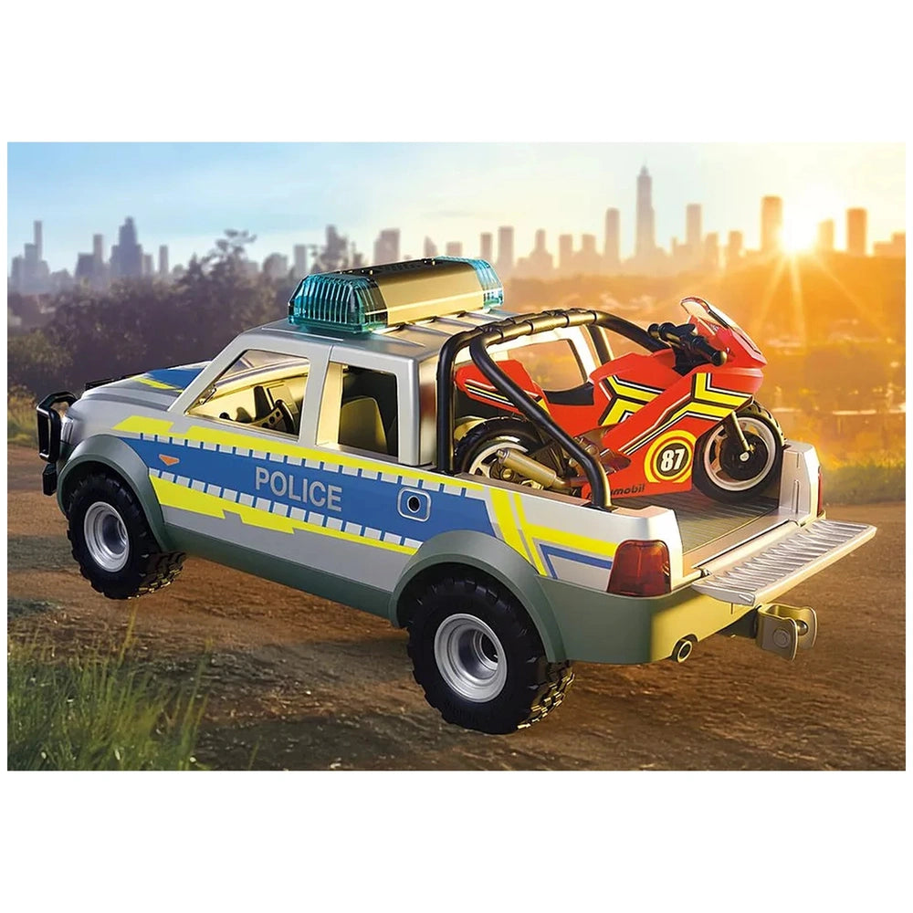 Playmobil Police Chase set features a white truck with blue and yellow stripes, red motorcycle, and black helmet with number 