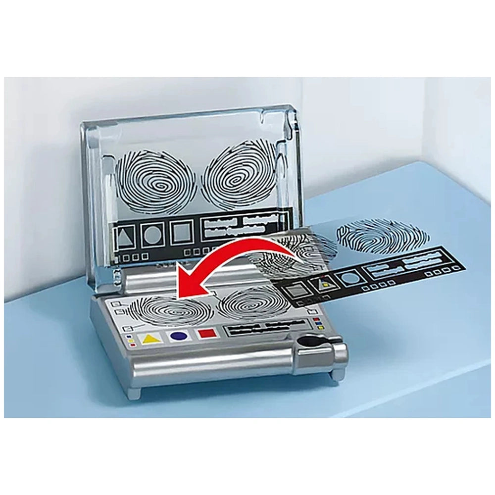 Playmobil Police Command Center toy playset features a metallic finish with transparent sections, icons, and colorful pattern