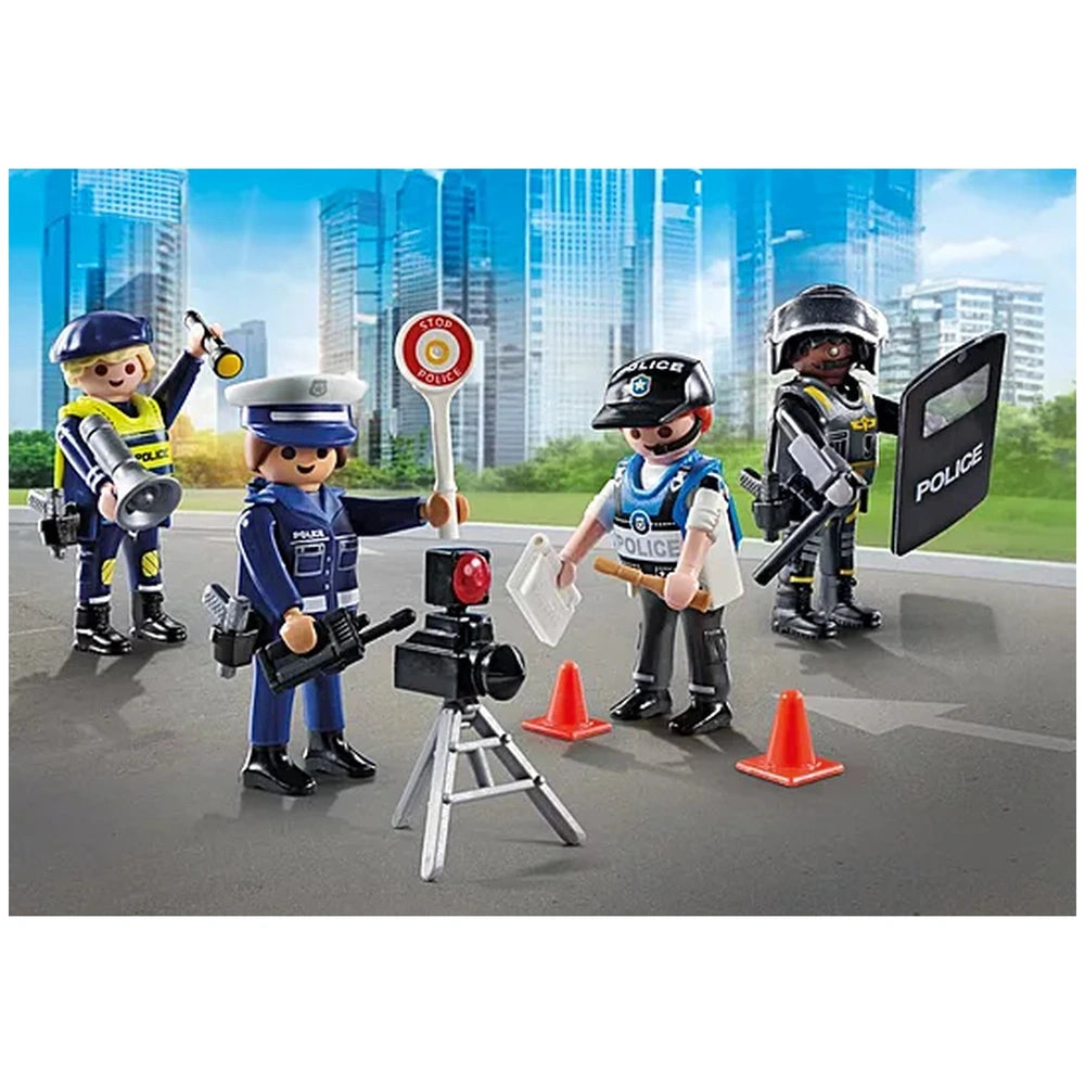 Playmobil Police-Figures-Set features toy figures in blue and white uniforms, red camera, silver tripod, and orange cones.