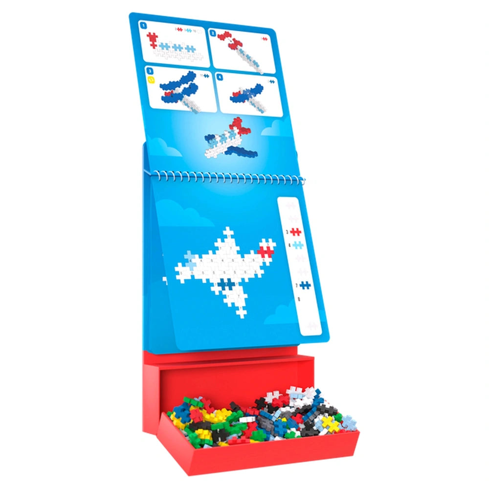 Plus Plus Transportation Activity Pad features a glossy blue and red packaging with colorful graphic designs and educational 
