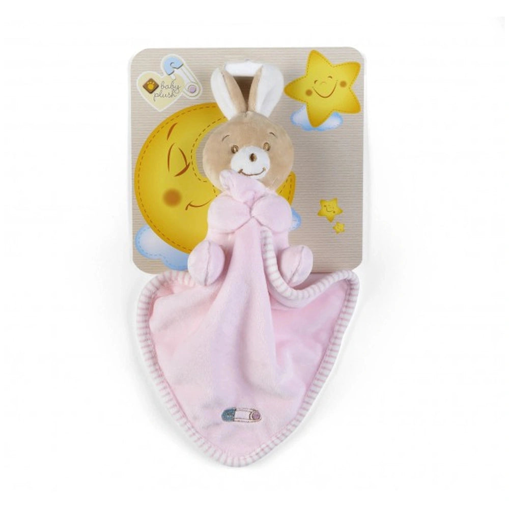 Light brown bunny DouDou plush with pink dress, surrounded by yellow stars and moon, on a pink blanket, labeled "baby plush."