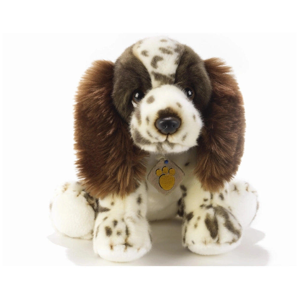 Plush & Co Jingle Springle Spanie dog plush toy, brown and white, features a fluffy texture, collar with paw print tag, and s