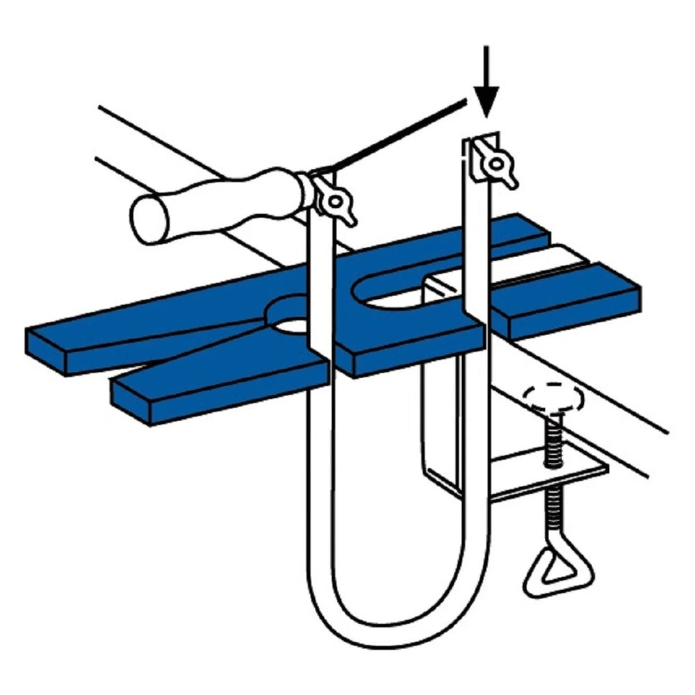 Fretsaw attached to a blue cutting table with a clamp, showing assembly mechanism for secure material cutting.