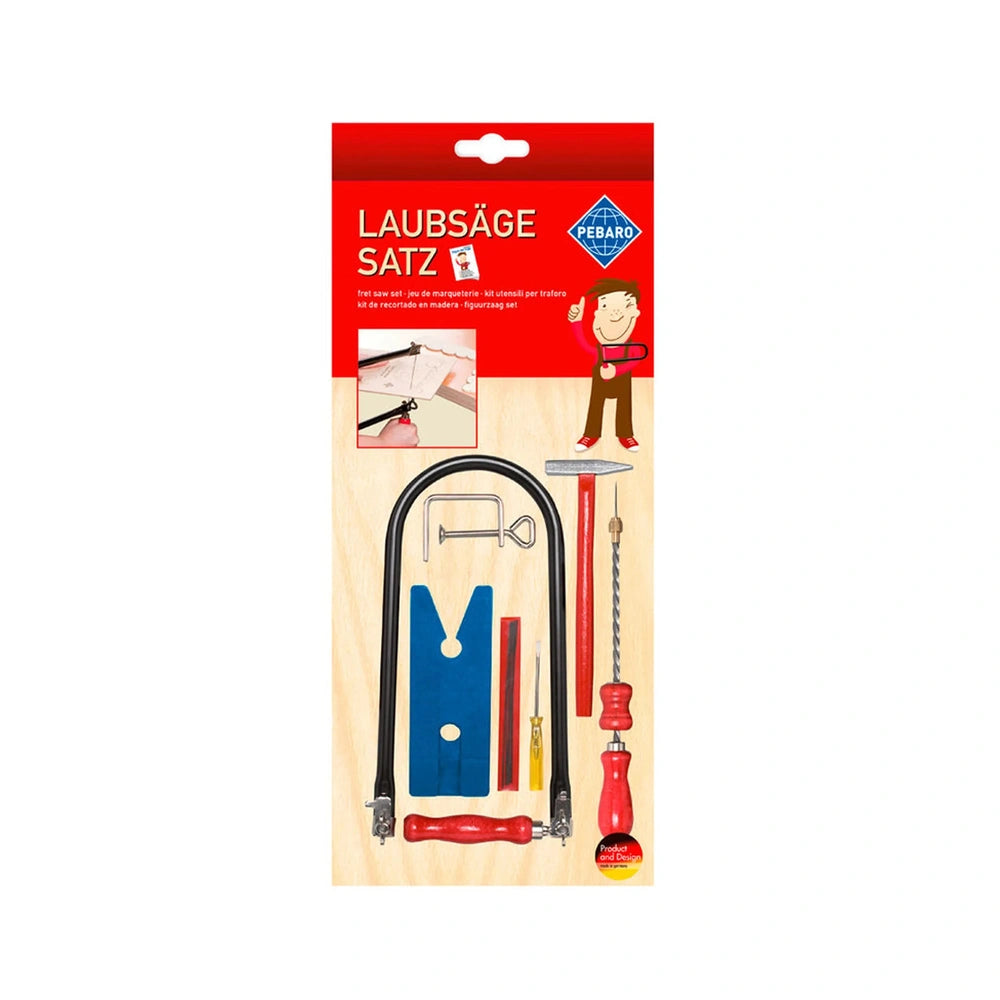 Prebaro Fretwork Kit with fretsaw frame, blue cutting table, clamp, drill, and chisel on a beige background.