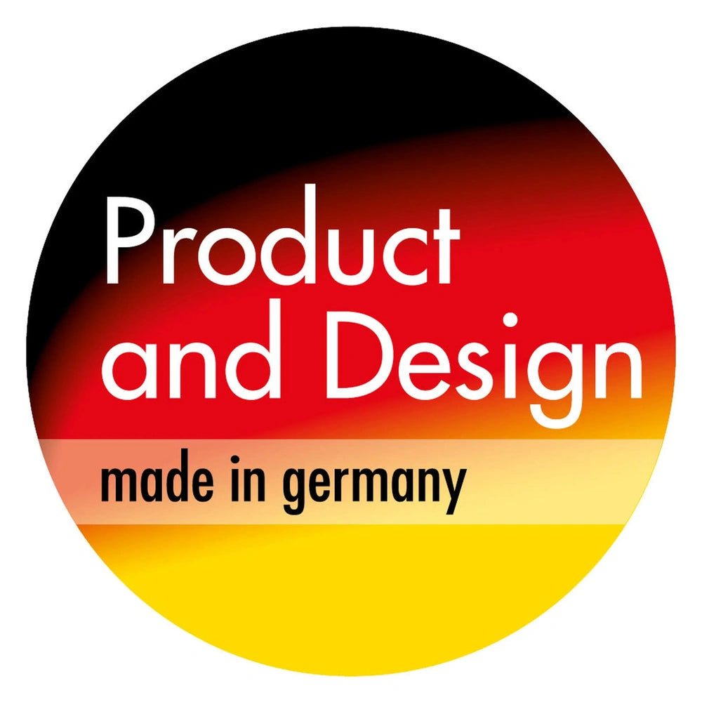Round badge with gradient colors of black, red, and yellow, text reads 'Product and Design, made in germany'.