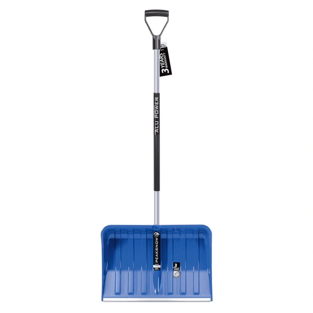 Alpinus Alutube shovel features a blue plastic blade, metal handle, and black grip, marked with "3 YEARS".