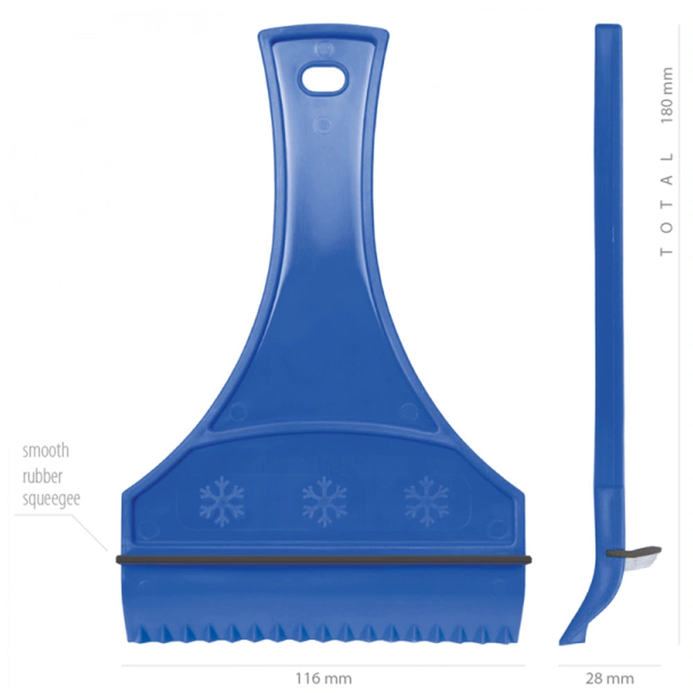 Gerda Ice Scraper in blue plastic features white text, snowflake design, and dimensions of 116 mm and 28 mm.