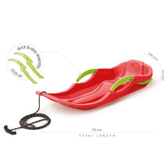 Red PROSPERPLAST Race S Sledge with black patterned rope, featuring quick assembly instructions and dimensions visible.