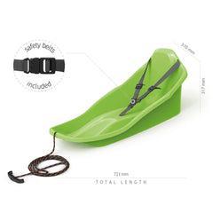 Green plastic Topo sledge with black and red striped rope, featuring a total length of 732 mm and safety belt included.