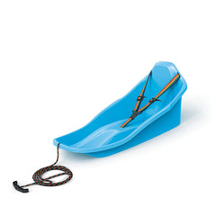 Blue plastic PROSPERPLAST Topo sledge with attached rope, centered against a plain background for outdoor play.
